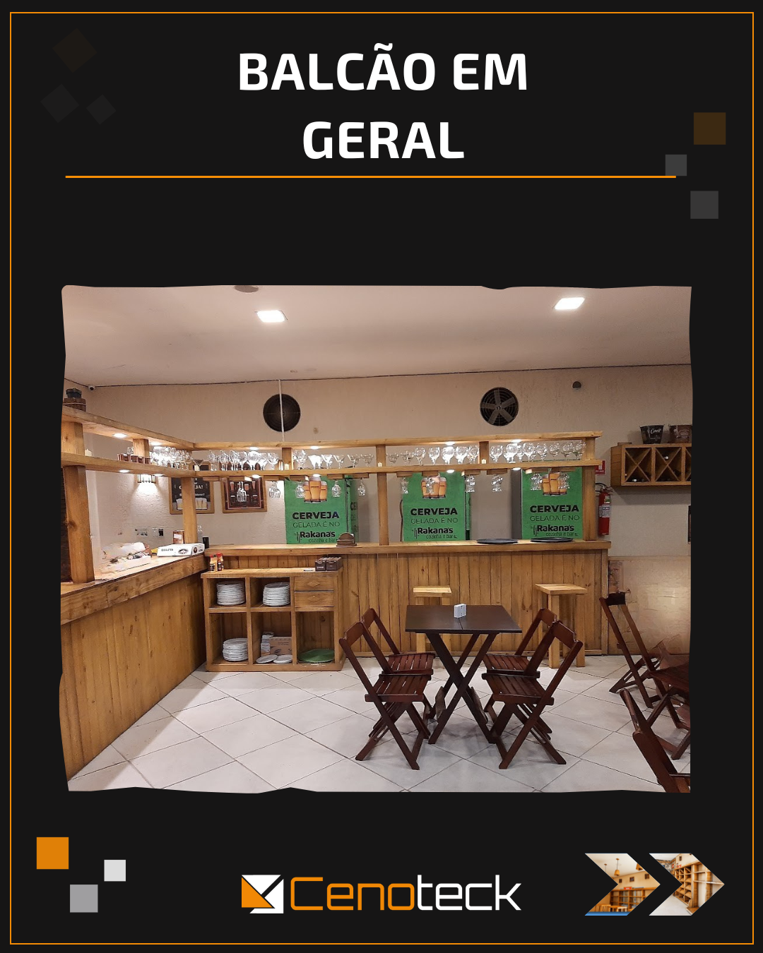 Balcão em Geral - Bar com balcão de madeira e decoração cervejeira